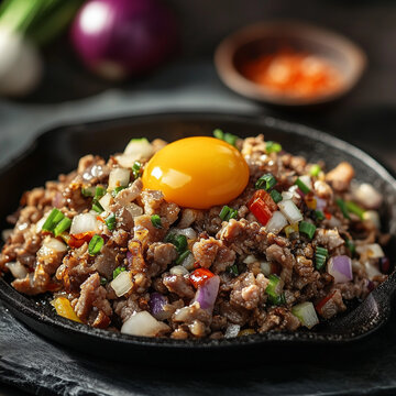 Filipino sisig on a sizzling cast-iron plate with egg