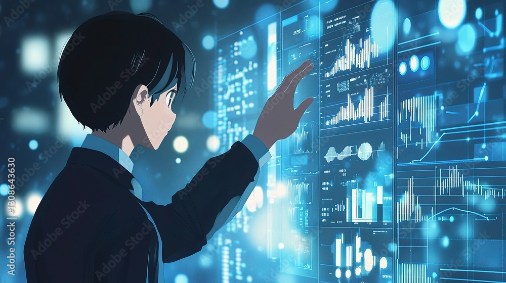 Poster businessman interacting with virtual screen for data analysis