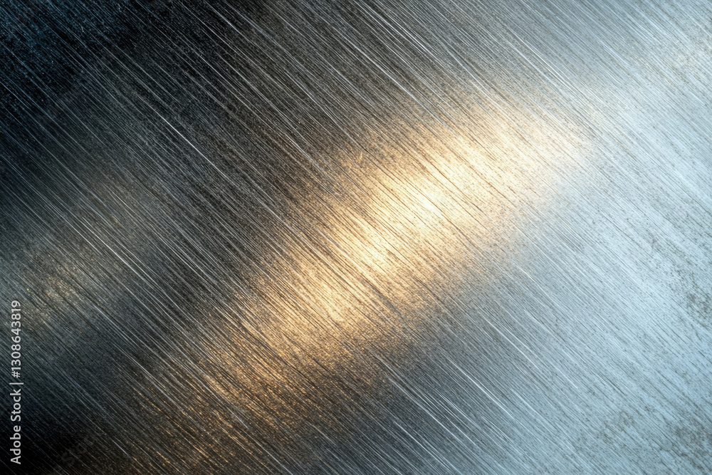 Poster Brushed metal texture with diagonal lines and a highlighted area showing variations in light and shadow.