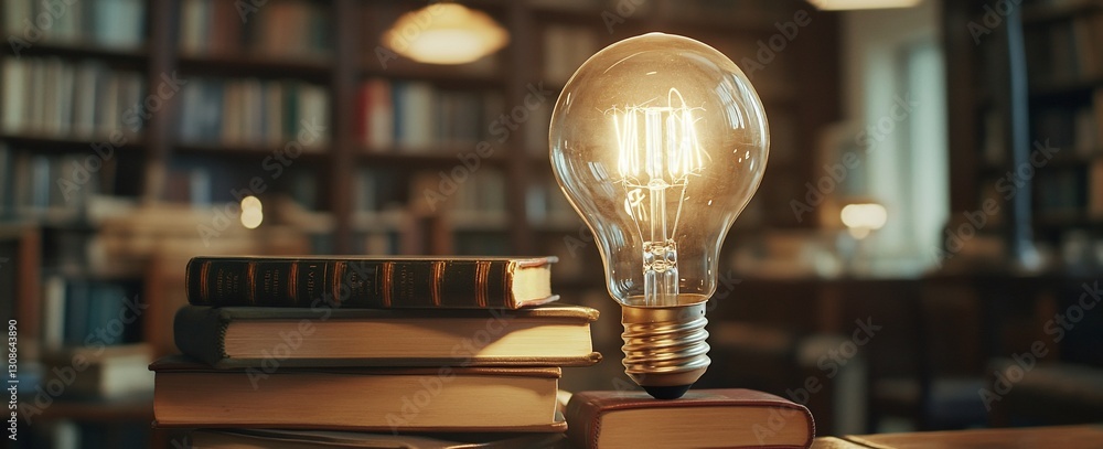 Poster illuminated lightbulb on stack of books in library.