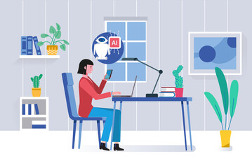 Woman working at her desk at home with virtual assistant