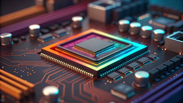 High-Performance CPU on a Circuit Board Close-up. Close-up view of a high-performance central processing unit (CPU) mounted on a complex circuit board.