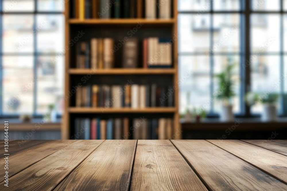 Poster rustic wood table with bookshelf background for product display mockup