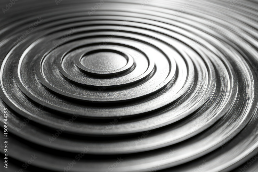 Poster abstract concentric circles pattern, metallic grey texture, ripple effect, layered design.