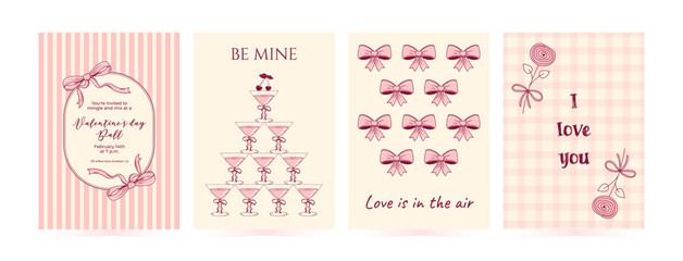 Set coquette poster with hand drawn doodle elements. Trendy cute design with pink bowknot, cocktail, flower, cherry for Valentines day, love theme holiday, party. Vector illustration