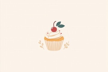 Elegant minimalist cupcake logo design featuring a cherry on top in warm pastel colors for bakery branding