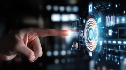 Fototapeta premium A hand touching a glowing digital interface with various icons and data visualizations.