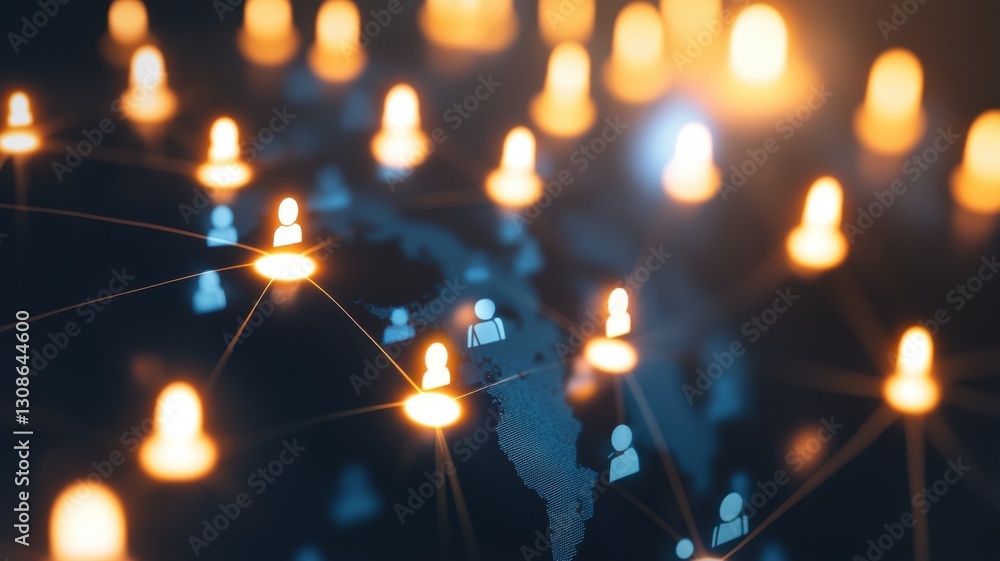 Poster orange lines creating a network connecting people around the world, symbolizing global communication