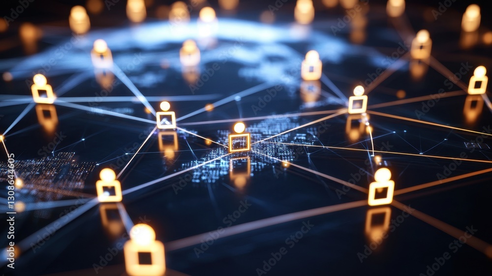 Poster orange lines creating a network connecting people around the world, symbolizing global communication