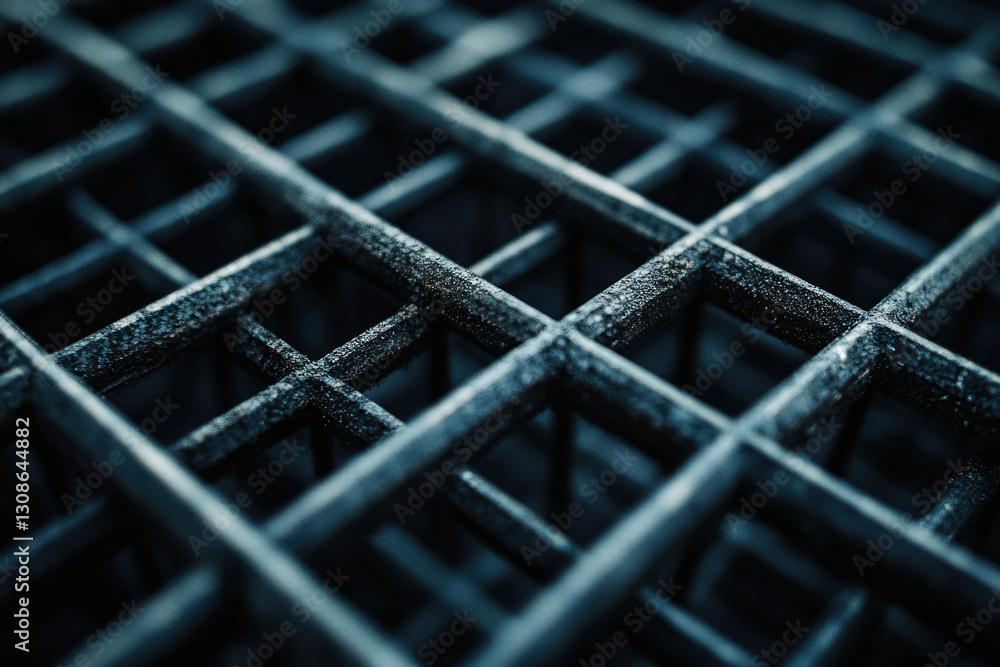 Poster close-up of a dark, grid-like metal structure showing intricate details and texture.