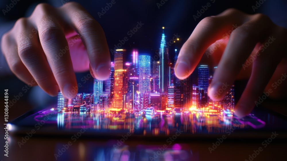 Poster hands interacting with holographic futuristic navigating through interface on a digital tablet, deve