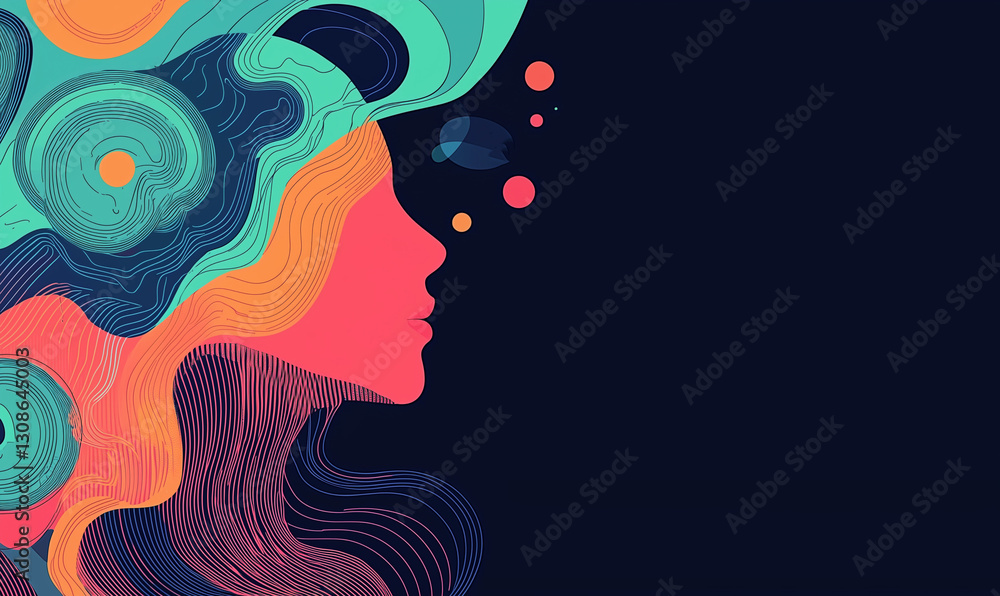 Poster abstract illustration of a woman's profile with colorful patterns and shapes representing creativity