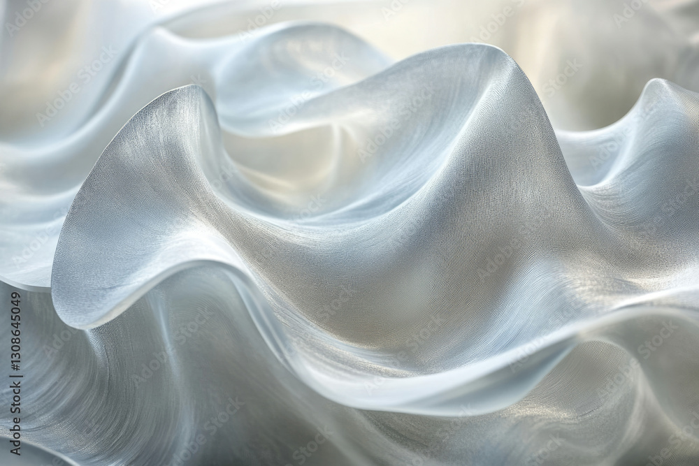 Poster abstract image of flowing, translucent fabric with soft, undulating folds and a shimmering, metallic