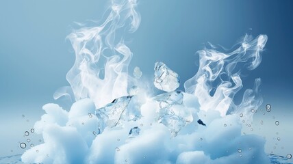 ice cubes on a blue background with smoke