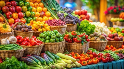 Obraz premium Vibrant market scene with fresh fruits and vegetables, colorful food background, seasonal ingredients