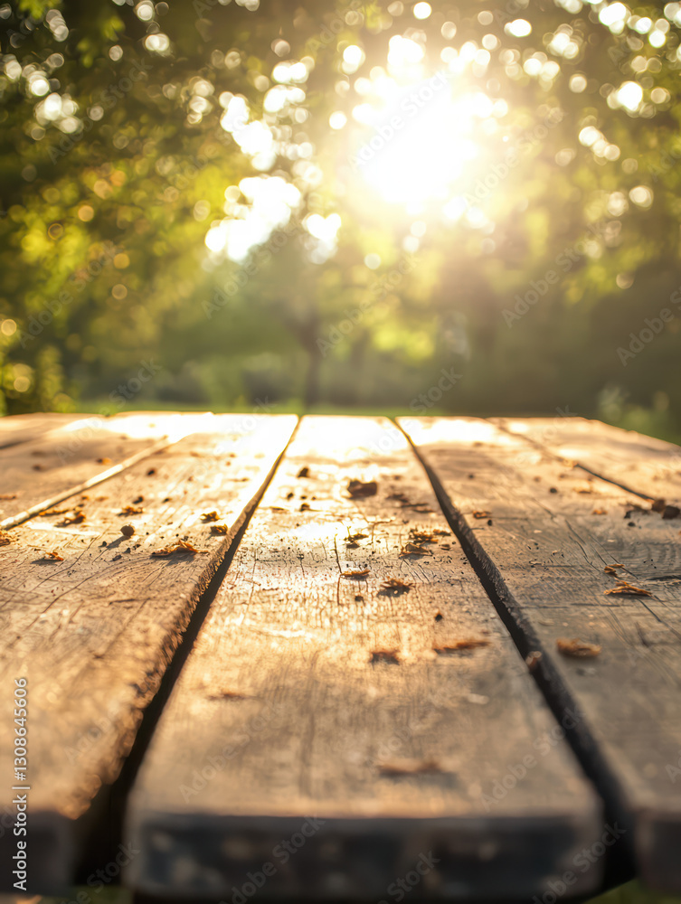 Poster rustic picnic table in sunlight: a detailed view of a weathered wooden picnic table bathed in the so