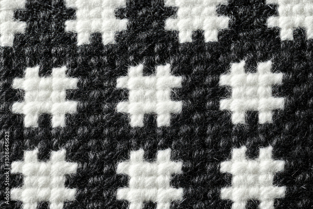 Poster close-up of a black and white houndstooth textile, showcasing its intricate woven pattern and textur
