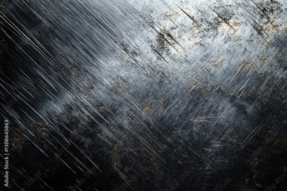 Poster dark, scratched metallic surface with diagonal lines and grunge texture.