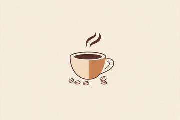 Elegant minimalist coffee cup logo featuring steam and coffee beans in warm brown and beige tones for a cozy atmosphere