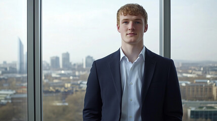 Young professional in suit, confident stance, city view backdrop
