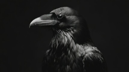 Fototapeta premium monochrome portrait of a raven showcasing intricate feather details against a dark backdrop capturing the bird's majestic presence