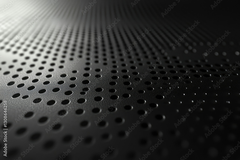 Aufkleber close-up of a dark perforated metal surface with a repeating pattern of circular holes.