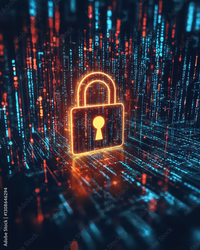 Poster cybersecurity fortress: a digital padlock glows amidst streams of binary code, representing robust p
