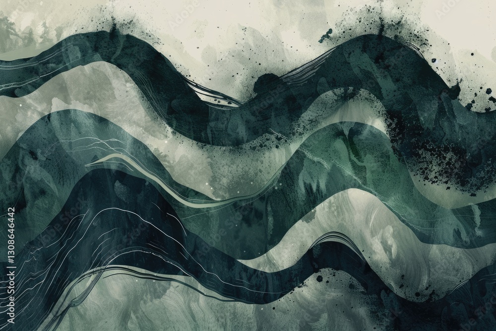 Aufkleber abstract flowing green and beige waves on a light background. digital artwork of wavy pattern with g