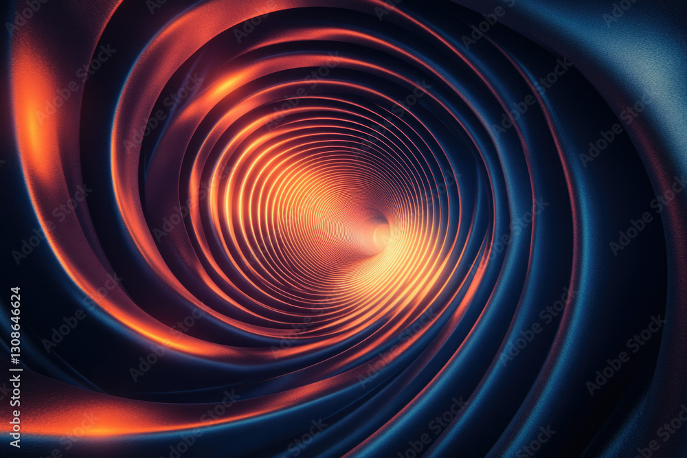 Poster abstract swirling tunnel of metallic blue and orange hues, creating a mesmerizing vortex effect.