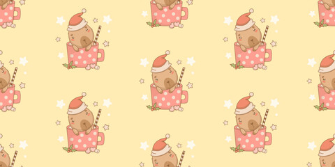 Seamless pattern with Christmas Capybara in Santa hat in cup on yellow background. New Year Funny cartoon kawaii character. Vector illustration. Horizontal holiday ornament. Kids collection