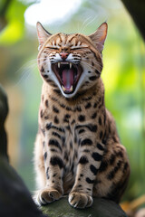 Fototapeta premium A wild leopard cat yawning in the jungle, baring sharp teeth with a powerful expression, showcasing its raw energy and wild nature