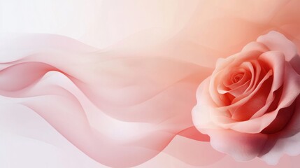 A single, peach-colored rose rests on a flowing, translucent fabric, creating a soft, romantic image.