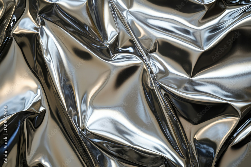 Poster close-up of crumpled metallic fabric, showcasing its reflective and textured surface.