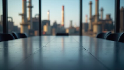Obraz premium Industrial conference room with long table and chairs overlooking factory skyline through large windows