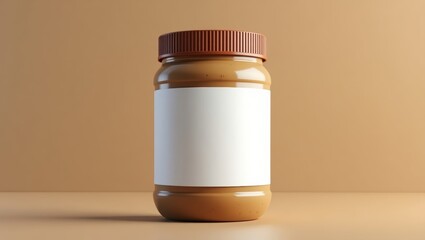 Peanut butter jar with blank label for branding and packaging design on brown background