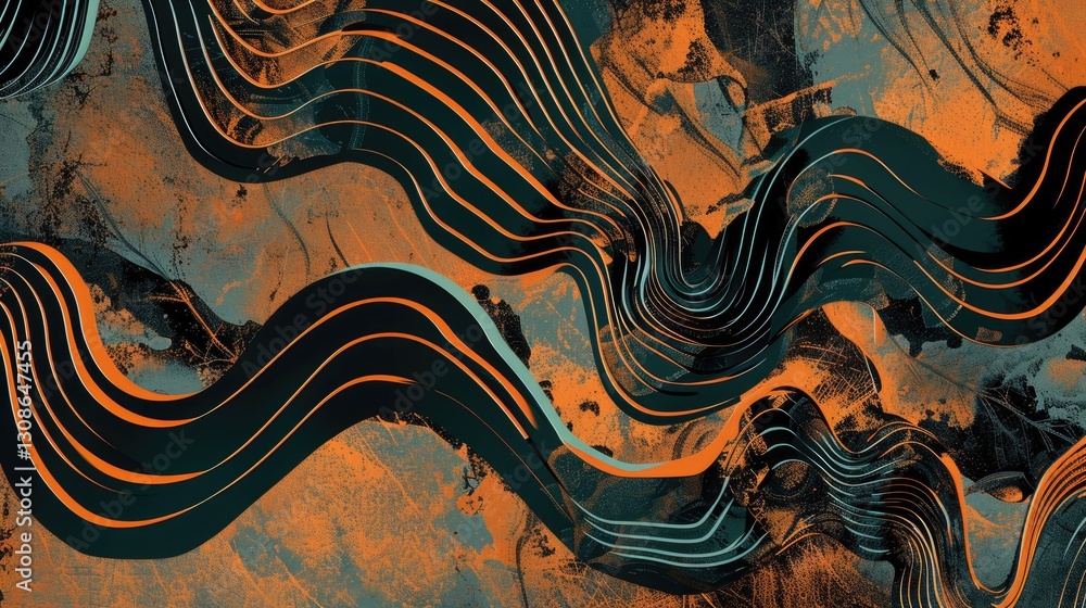 Poster abstract green and orange flowing lines with topographic elements. abstract image of digital wave wi