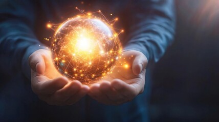 Businessman Two hands holding a innovation glowing earth globe with network connections, symbolizing 3D holographic global world communication and technology