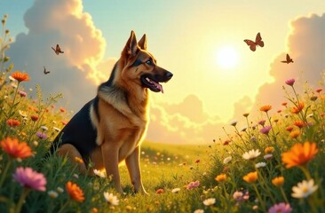 german shepherd dog in paradise heaven sits on field full of flowers with beautifull  glowing clouds on background