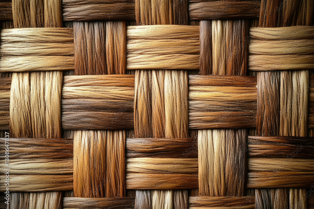 Poster intricate woven pattern of brown and beige natural fibers, creating a textured surface.
