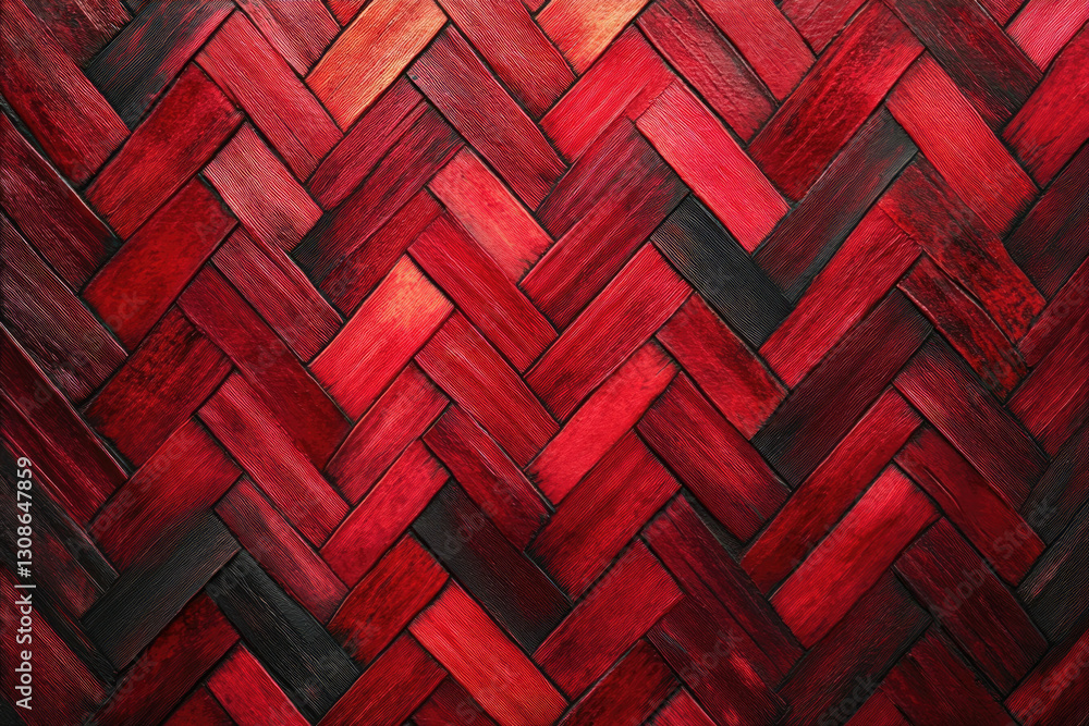 Poster Intricate herringbone pattern of dark and light red wooden planks, creating a textured background.