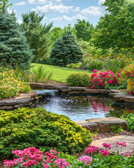 Fototapeta premium Serene Garden Oasis: A captivating shot of a tranquil garden with lush greenery, blooming flowers, and a small pond under a bright sky, inviting peacefulness