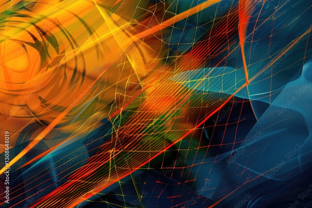 Poster abstract orange, black, and white swirling patterns with soccer floating in the air. background imag