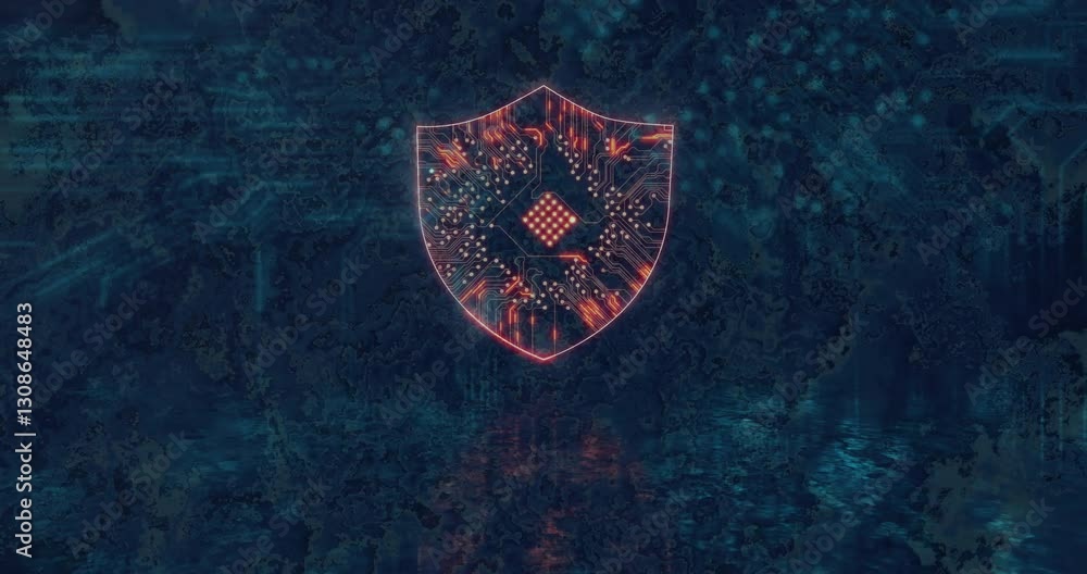 Poster Animation of glowing shield with circuit pattern over digital network background