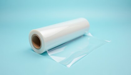 A roll of transparent plastic wrap on a solid light blue background.