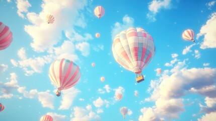 Naklejka premium Colorful hot air balloons soaring in a clear blue sky with white clouds