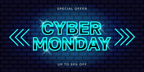 Neon Cyber Monday horizontal banner on brick wall background, billboard. Vector illustration for promotional design, retail sales, eye-catching advertising campaigns