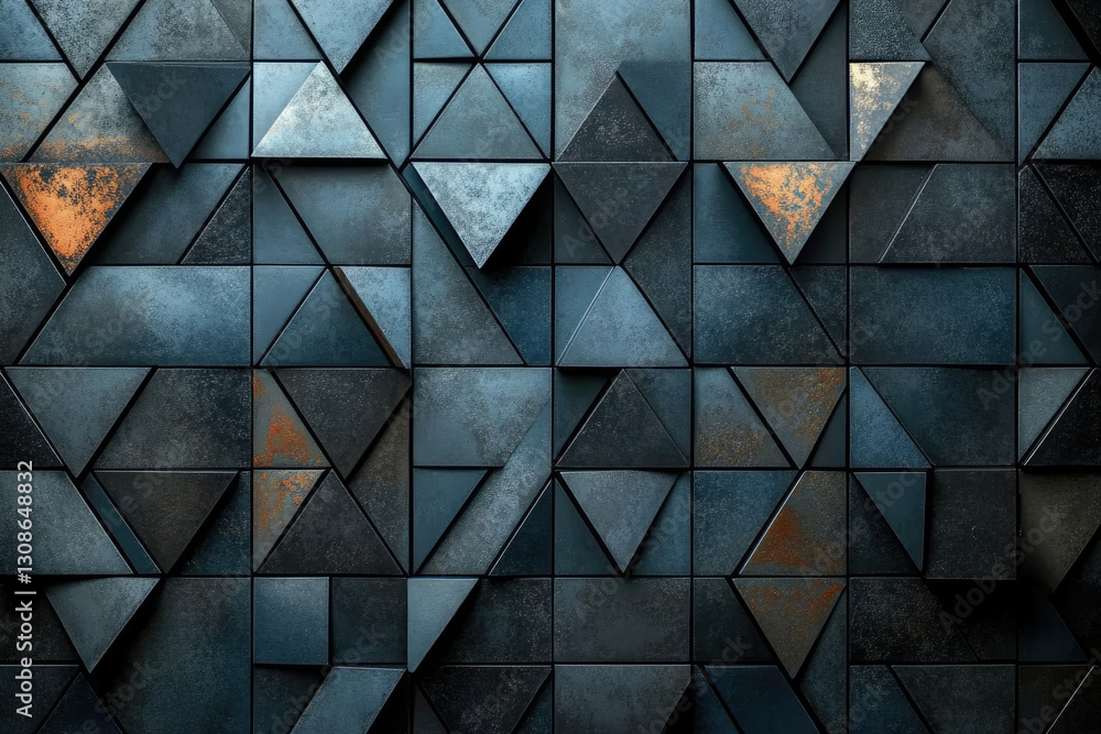Poster abstract geometric pattern of dark, textured triangles forming a complex mosaic.
