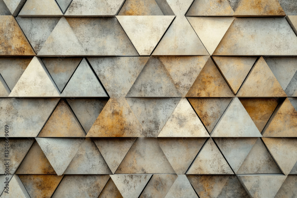 Aufkleber geometric wall of textured triangular tiles in beige and brown tones.