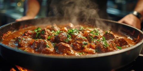 Fototapeta premium Chef preparing delicious and steaming hot indian beef curry