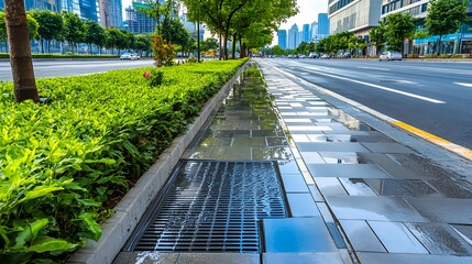 Fototapeta premium Modern City Street, Wet Pavement, Green Landscaping - Urban Landscapes